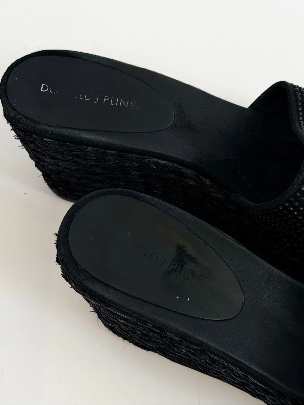 Donald Pliner Frida Black Woven Raffia Wedge Slide with Rhinestone detail. 9M
